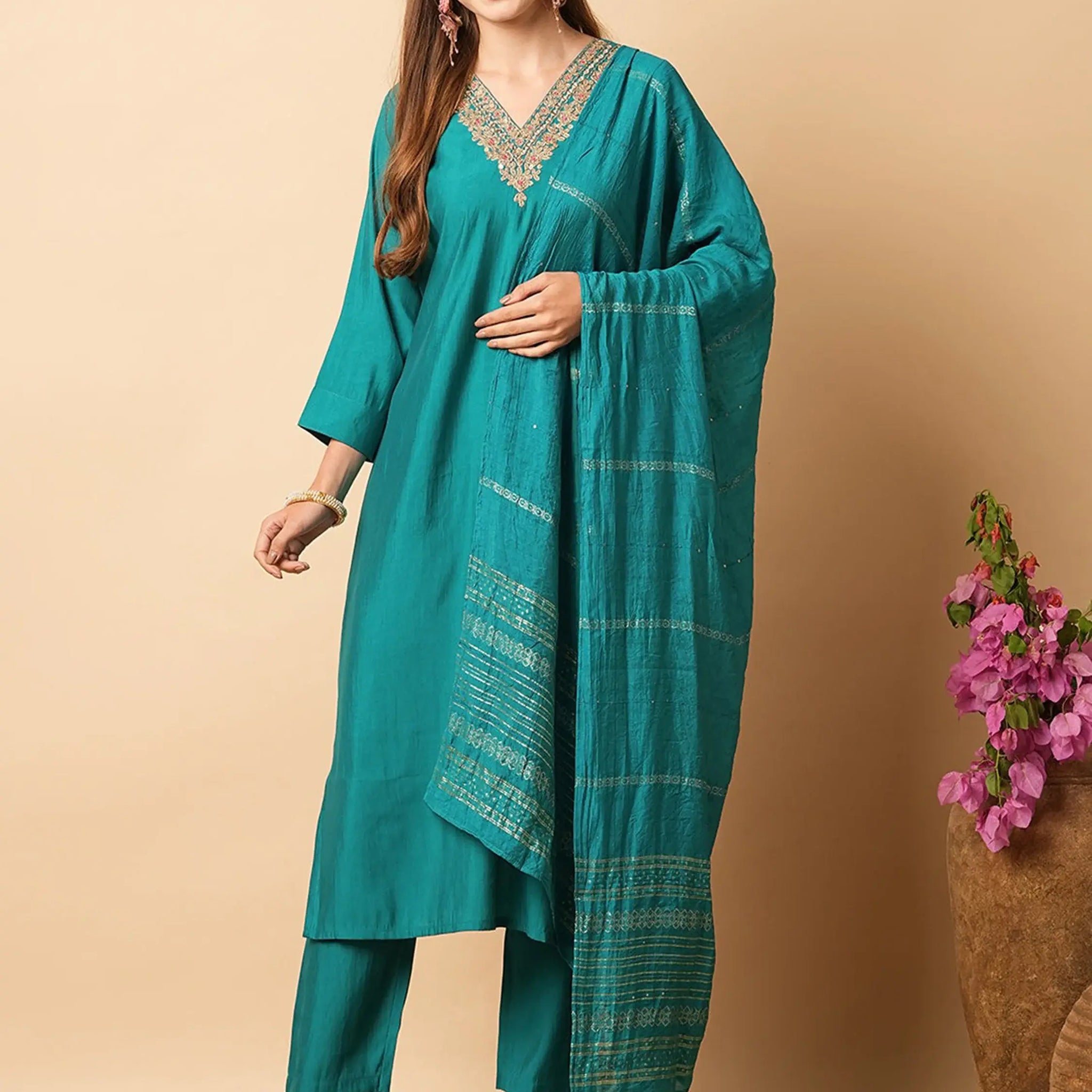 Adorable Teal Blue Embroidered Chanderi Silk Festival Wear Pant Suit - Zeel Clothing