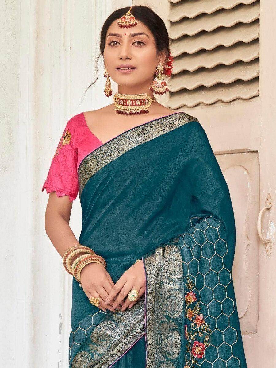 Adorable Teal Blue Embroidered Cotton Reception Wear Saree - Zeel Clothing