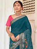 Adorable Teal Blue Embroidered Cotton Reception Wear Saree - Zeel Clothing