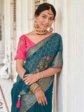 Adorable Teal Blue Embroidered Cotton Reception Wear Saree - Zeel Clothing