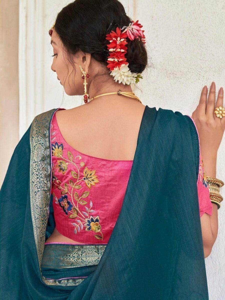 Adorable Teal Blue Embroidered Cotton Reception Wear Saree - Zeel Clothing