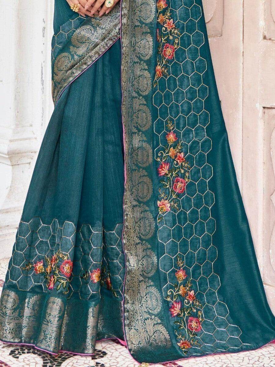 Adorable Teal Blue Embroidered Cotton Reception Wear Saree - Zeel Clothing