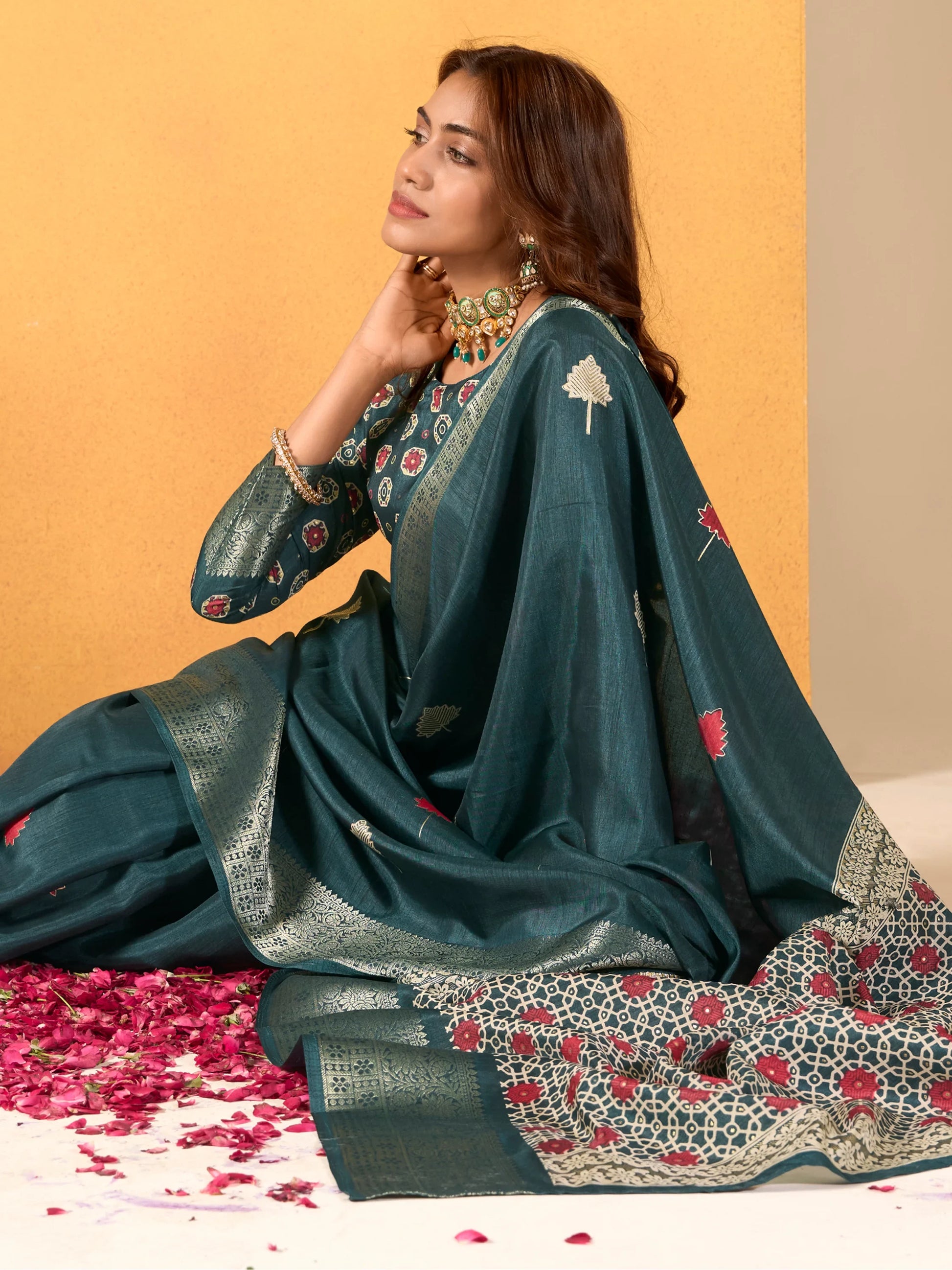 Adorable Teal Blue Foil Printed Dola Silk Saree With Blouse - Zeel Clothing