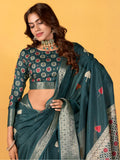 Adorable Teal Blue Foil Printed Dola Silk Saree With Blouse - Zeel Clothing