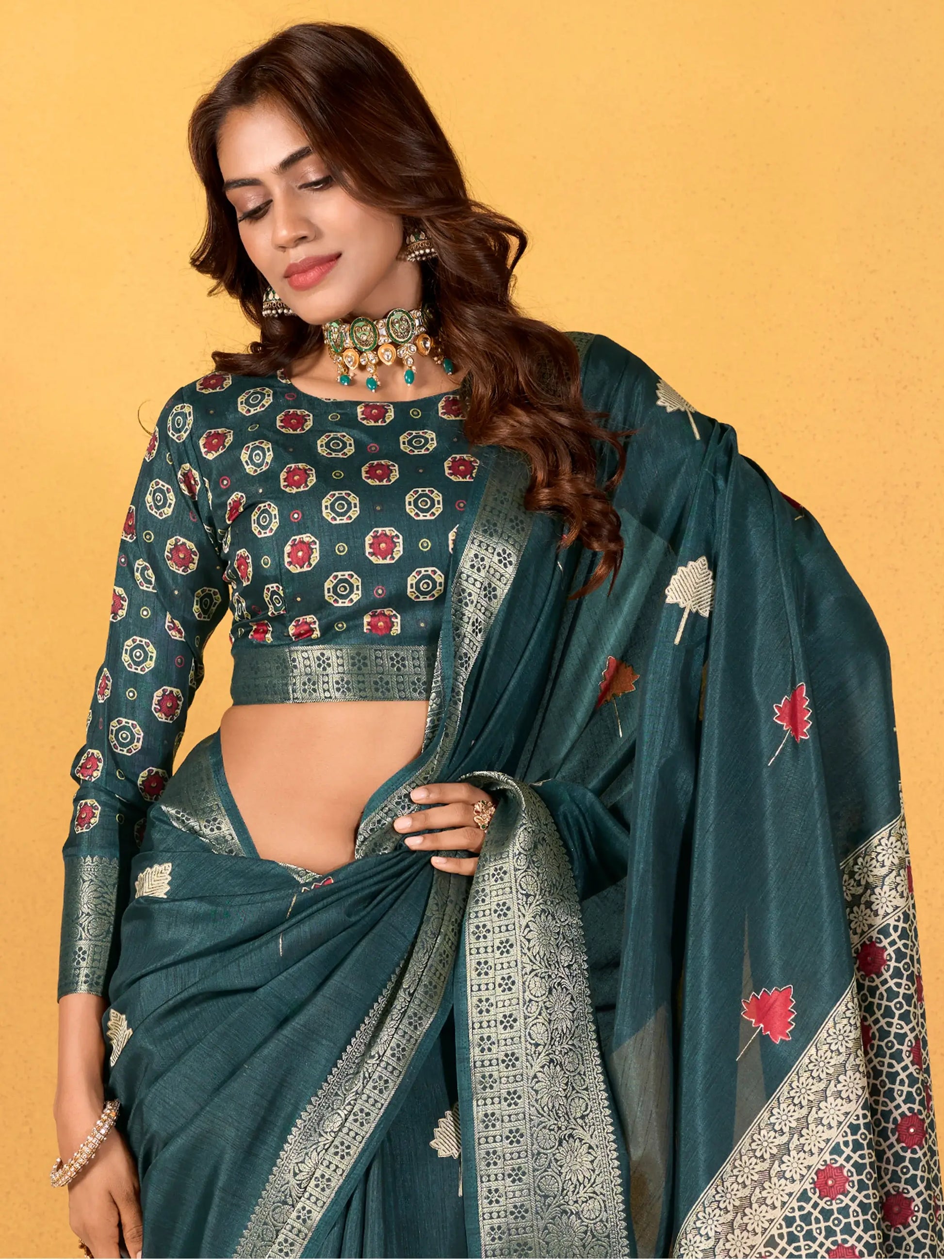 Adorable Teal Blue Foil Printed Dola Silk Saree With Blouse - Zeel Clothing