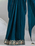 Adorable Teal Blue Lace Work Satin Pre-Stitched Saree With Blouse - Zeel Clothing