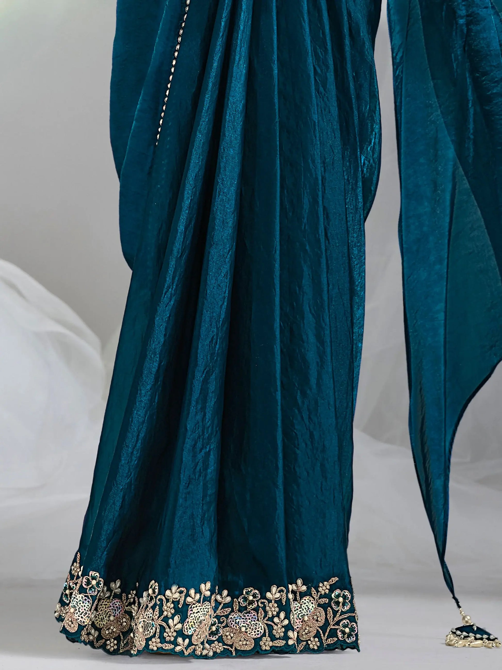 Adorable Teal Blue Lace Work Satin Pre-Stitched Saree With Blouse - Zeel Clothing