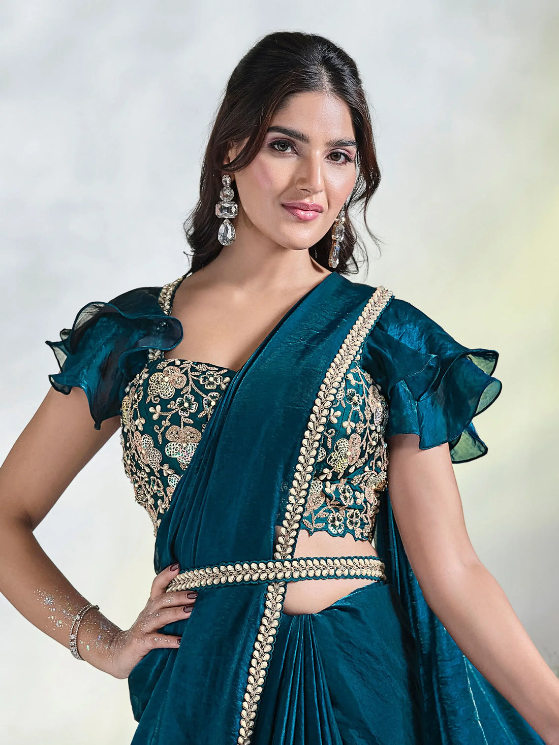 Adorable Teal Blue Lace Work Satin Pre-Stitched Saree With Blouse - Zeel Clothing