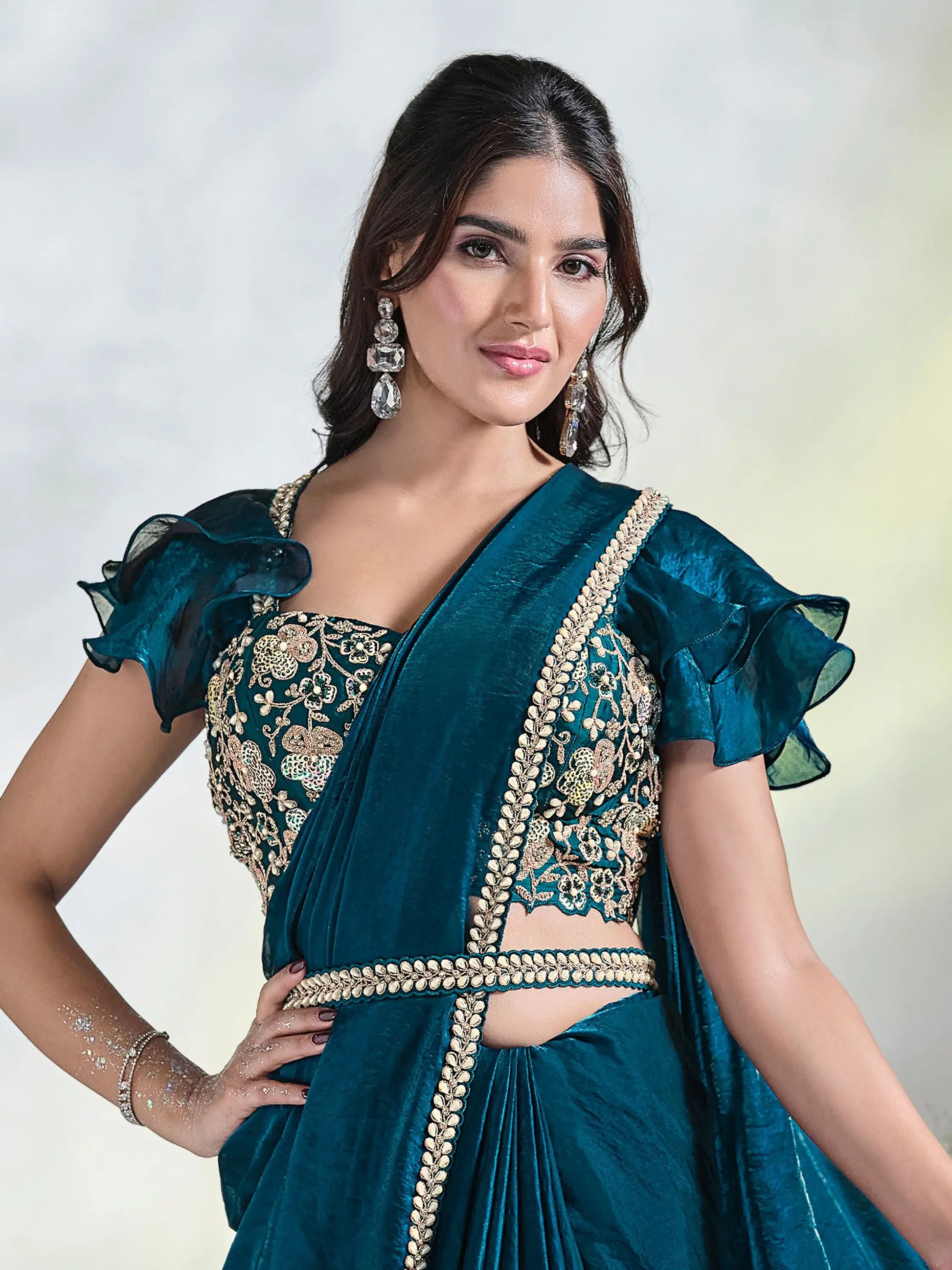 Adorable Teal Blue Lace Work Satin Pre-Stitched Saree With Blouse - Zeel Clothing