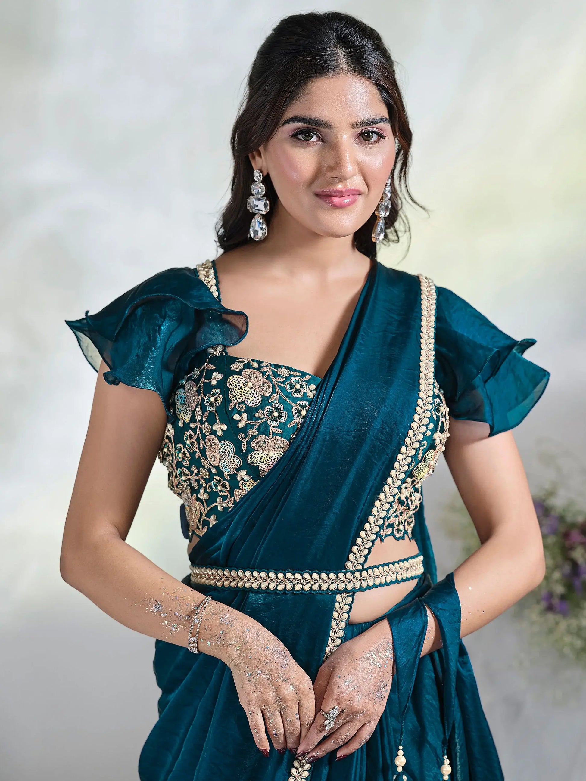 Adorable Teal Blue Lace Work Satin Pre-Stitched Saree With Blouse - Zeel Clothing