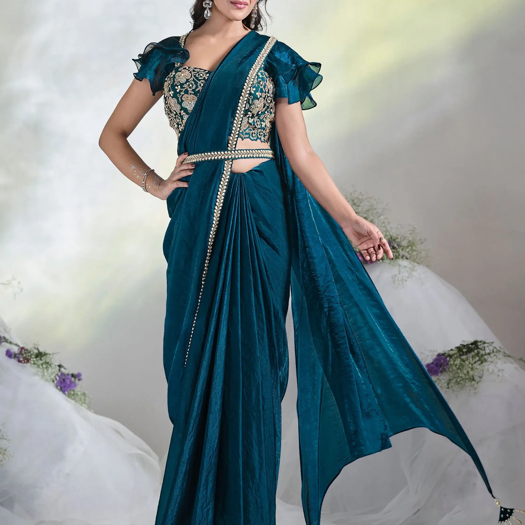 Adorable Teal Blue Lace Work Satin Pre-Stitched Saree With Blouse - Zeel Clothing