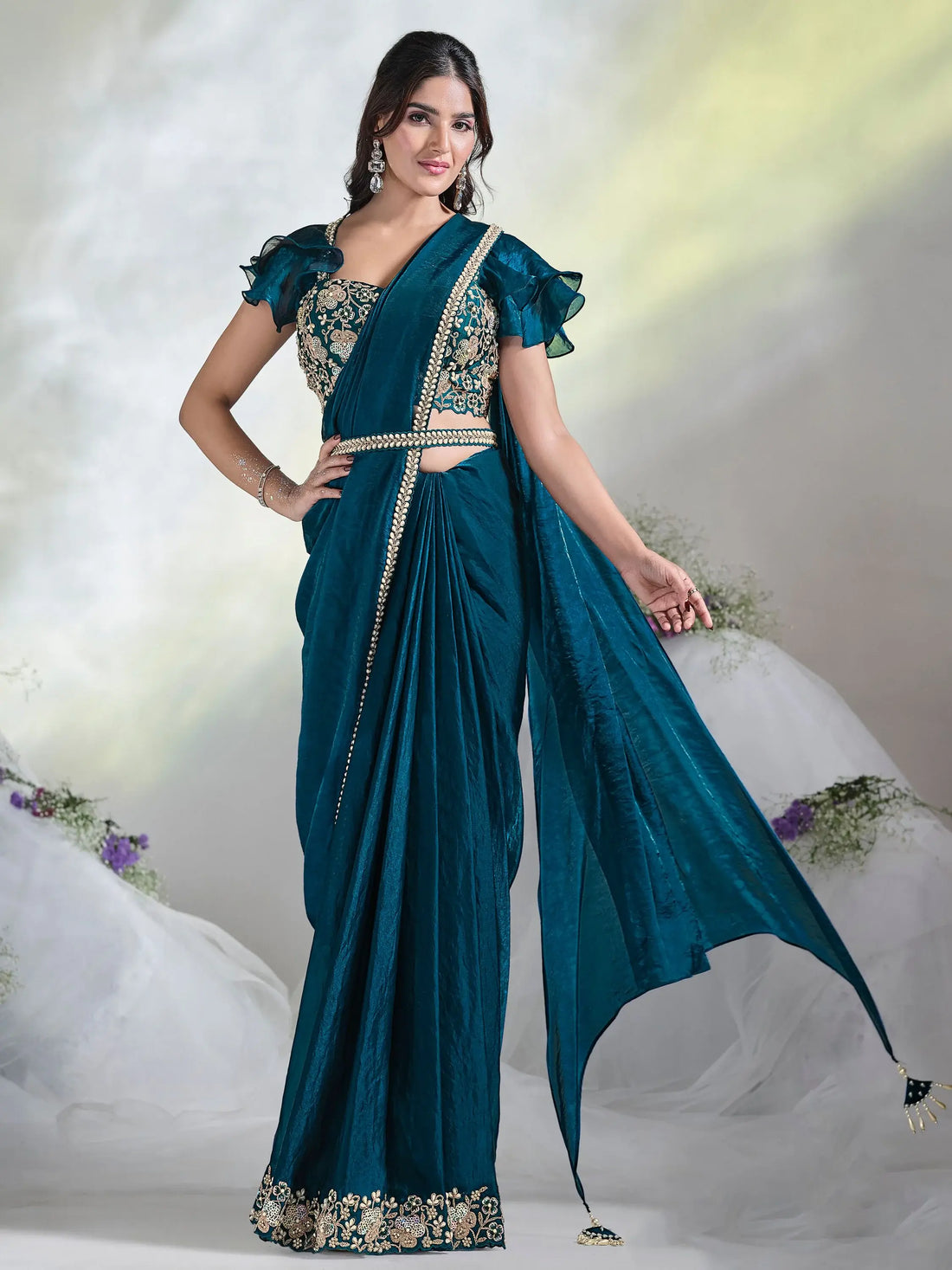 Adorable Teal Blue Lace Work Satin Pre-Stitched Saree With Blouse - Zeel Clothing