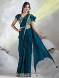 Adorable Teal Blue Lace Work Satin Pre-Stitched Saree With Blouse - Zeel Clothing