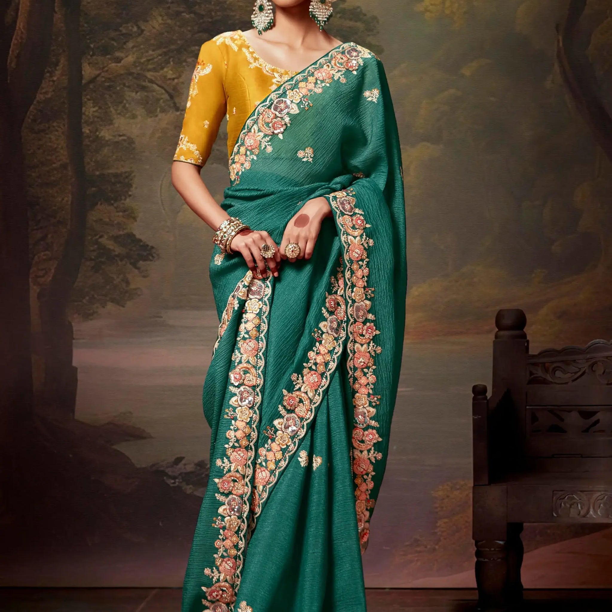 Adorable Teal Green Embroidered Silk Engagement Wear Saree - Zeel Clothing