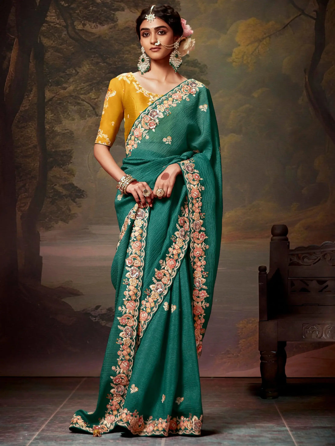 Adorable Teal Green Embroidered Silk Engagement Wear Saree - Zeel Clothing