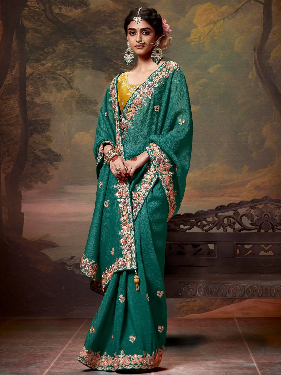 Adorable Teal Green Embroidered Silk Engagement Wear Saree - Zeel Clothing