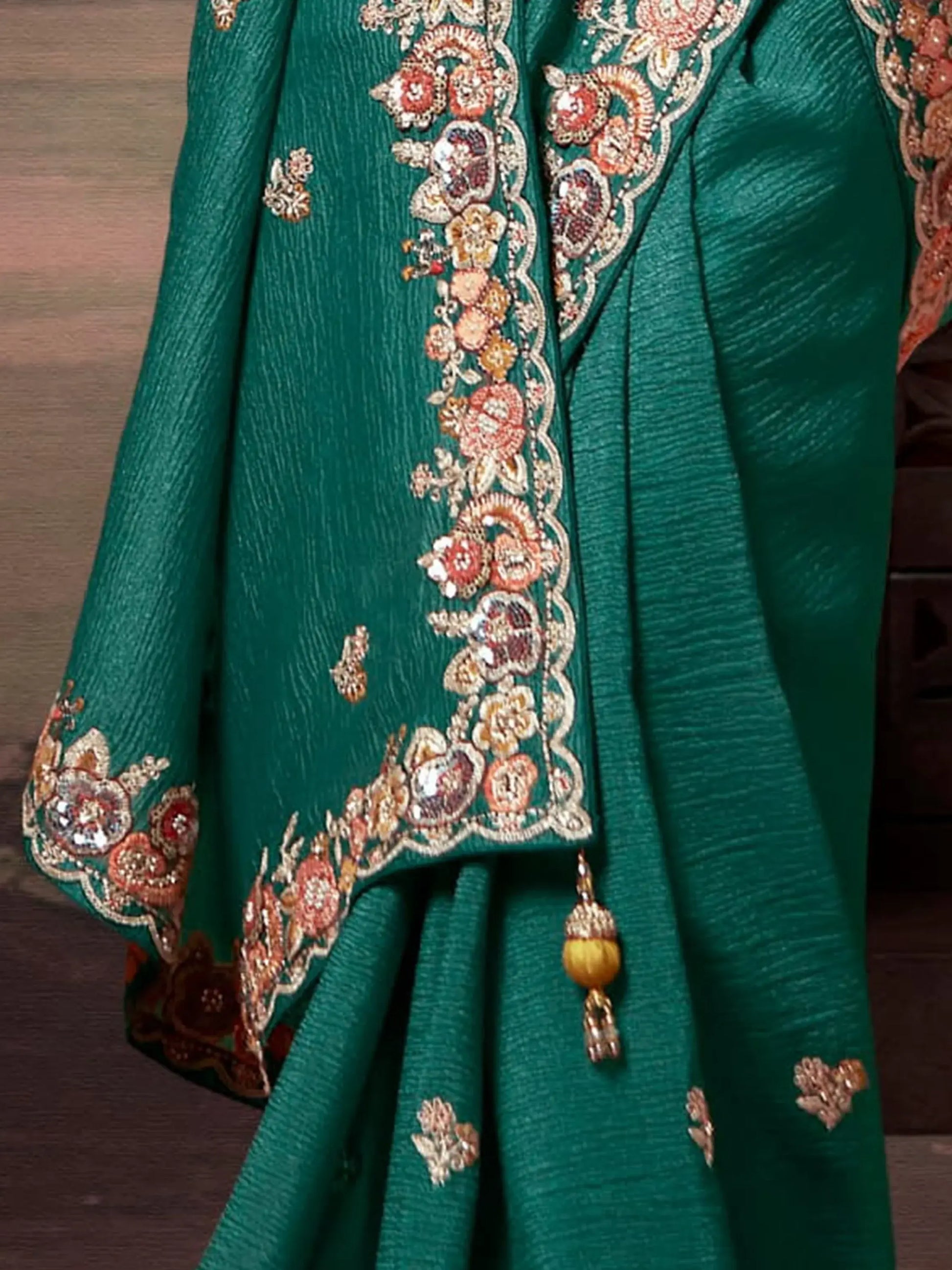 Adorable Teal Green Embroidered Silk Engagement Wear Saree - Zeel Clothing