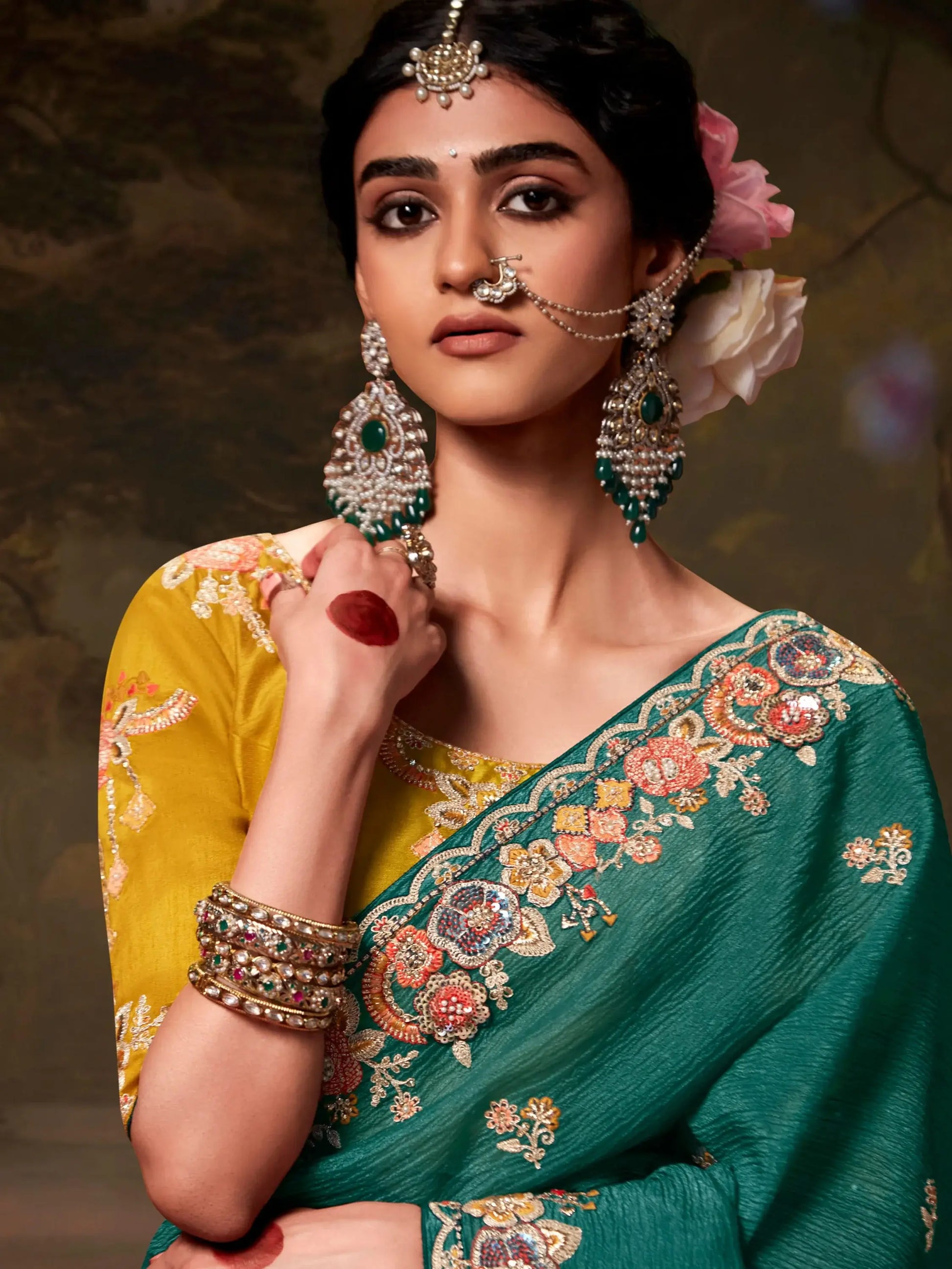 Adorable Teal Green Embroidered Silk Engagement Wear Saree - Zeel Clothing