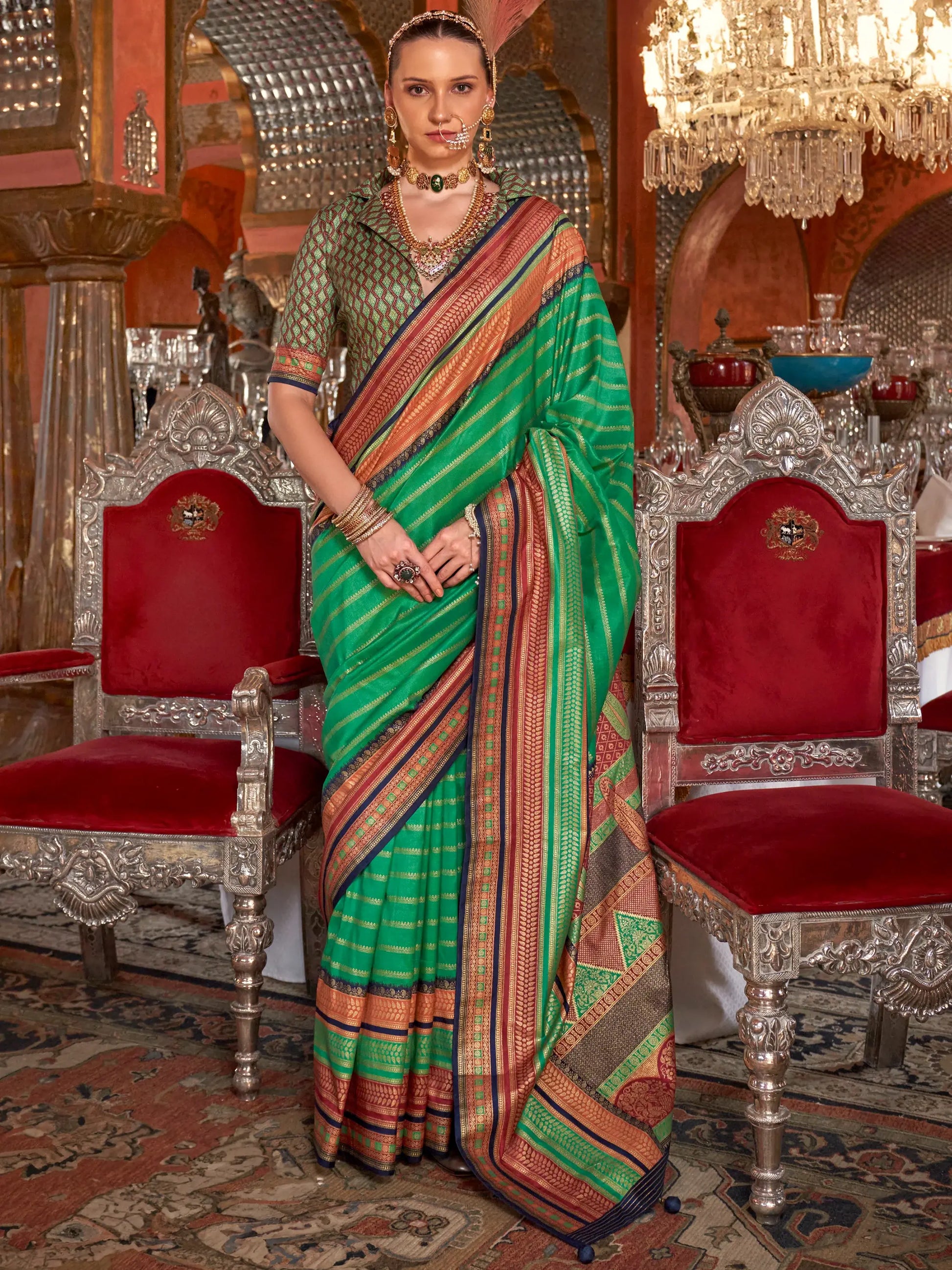 Adorable Teal Green Zari Weaving Silk Festival Wear Saree With Blouse - Zeel Clothing