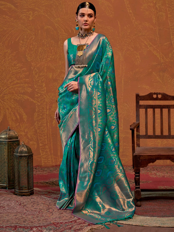 Adorable Teal Green Zari Weaving Silk Saree With Blouse - Zeel Clothing