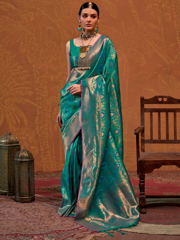 Adorable Teal Green Zari Weaving Silk Saree With Blouse - Zeel Clothing