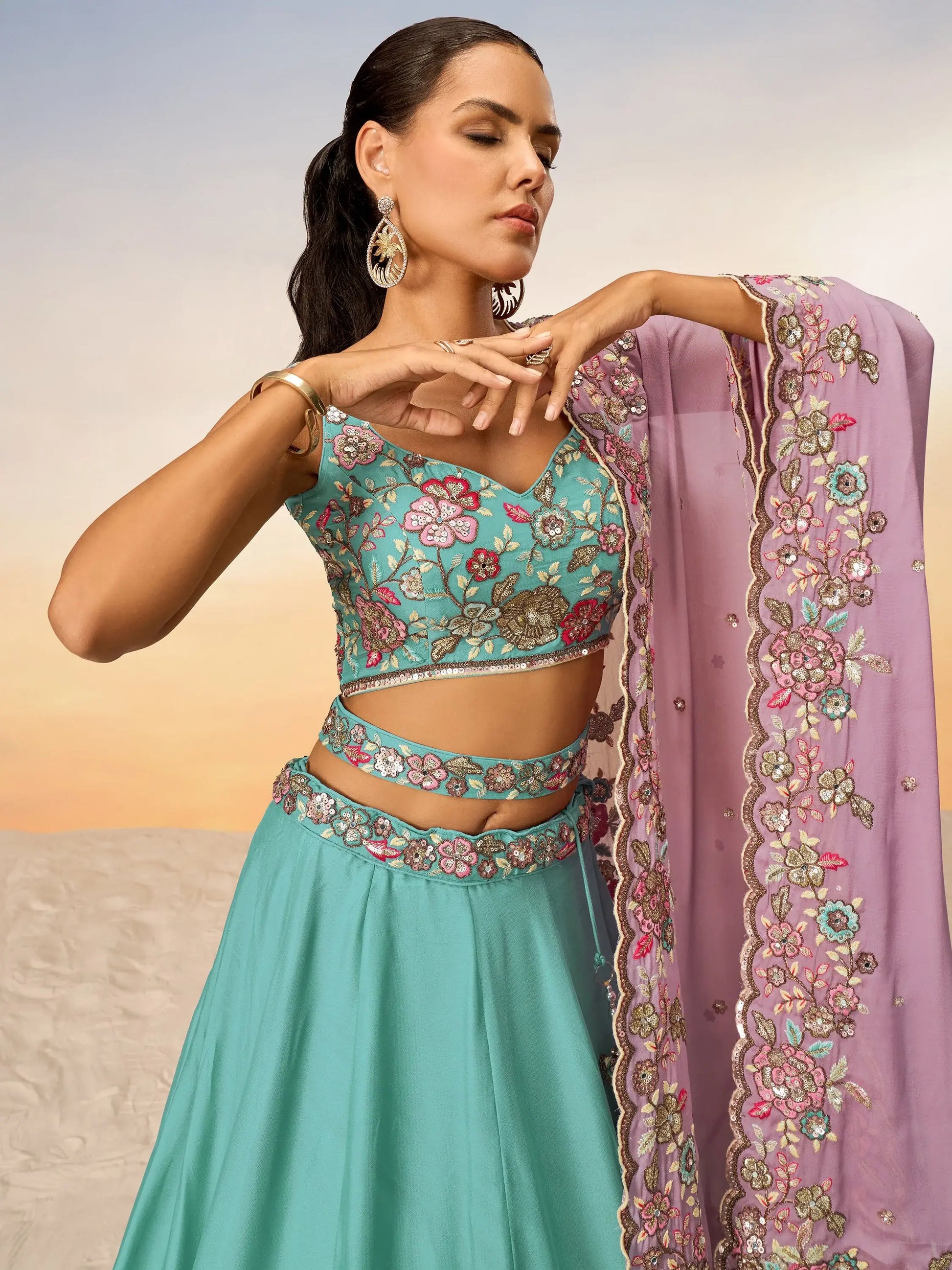 Adorable Turquoise Embroidered Georgette Wedding Wear Lehenga Choli - Zeel Clothing