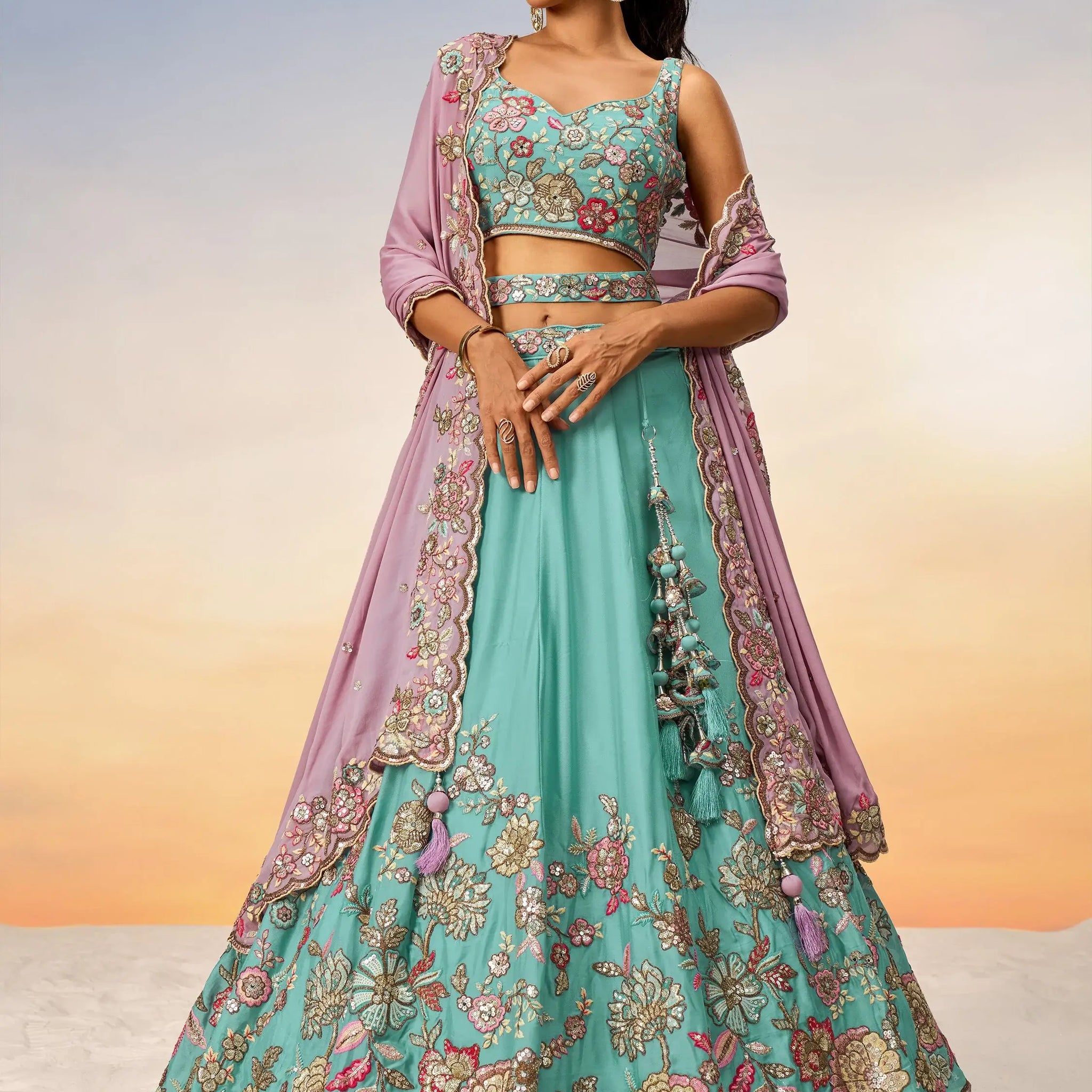 Adorable Turquoise Embroidered Georgette Wedding Wear Lehenga Choli - Zeel Clothing
