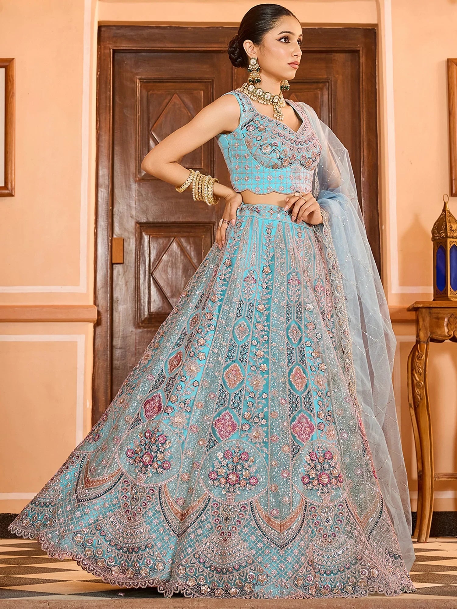 Adorable Turquoise Embroidery Net Evening Wear Lehenga Choli With Dupatta