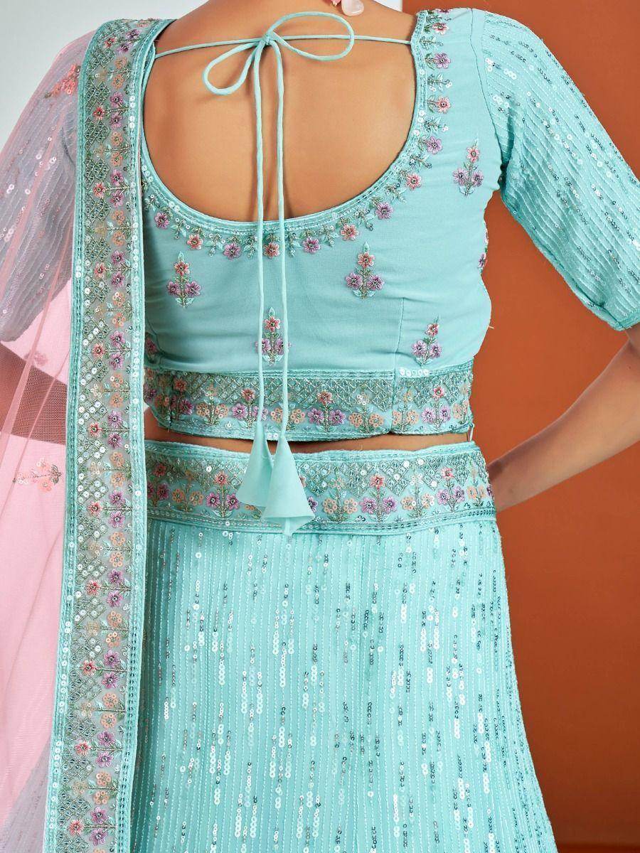 Adorable Turquoise Sequins Georgette Wedding Wear Lehenga Choli - Zeel Clothing