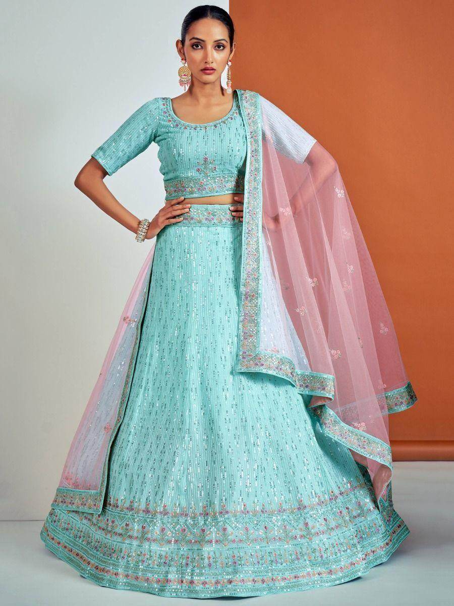 Adorable Turquoise Sequins Georgette Wedding Wear Lehenga Choli - Zeel Clothing