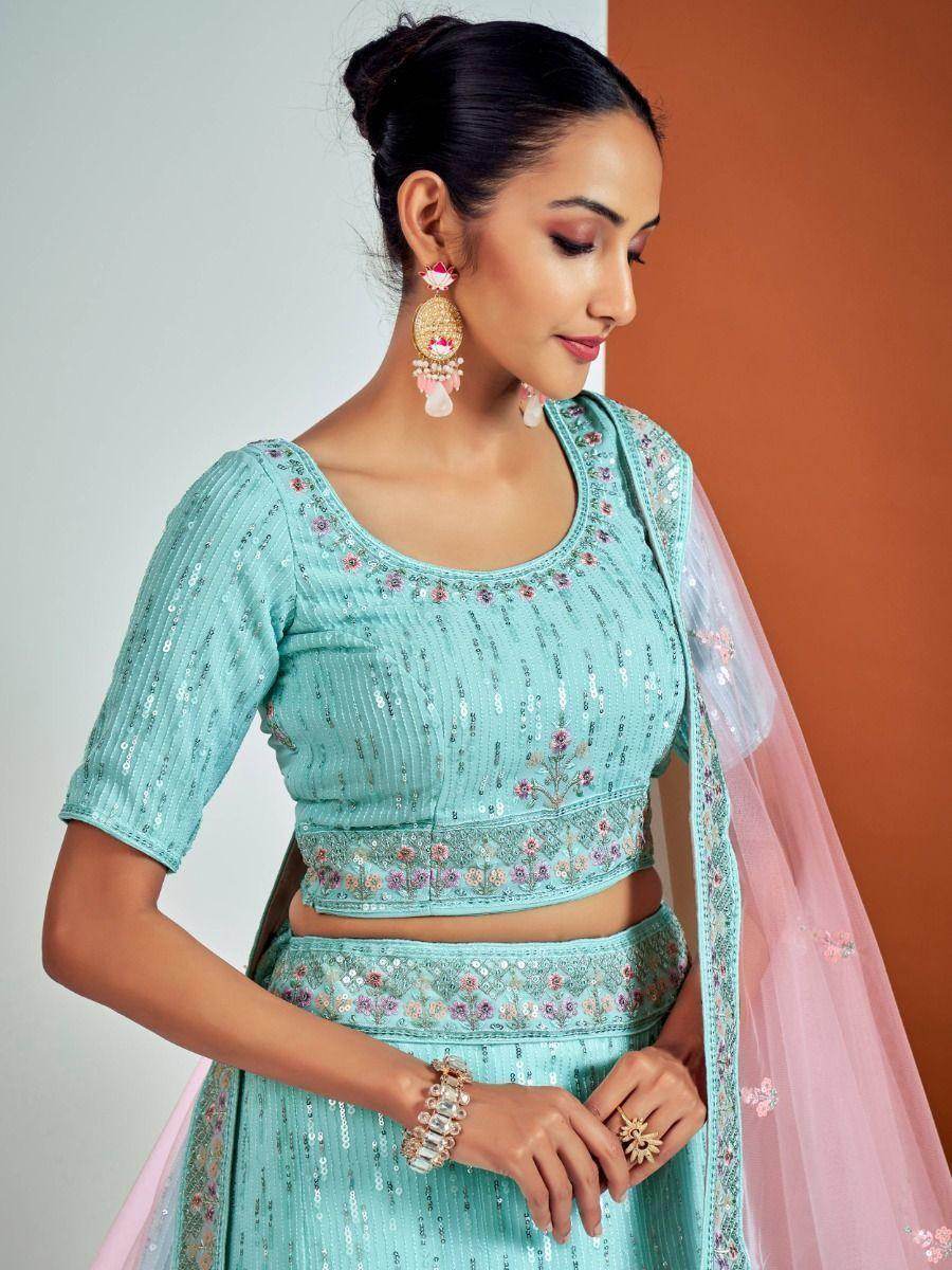 Adorable Turquoise Sequins Georgette Wedding Wear Lehenga Choli - Zeel Clothing