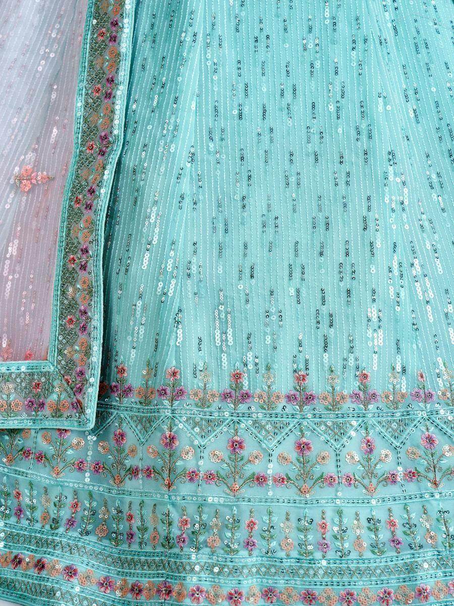 Adorable Turquoise Sequins Georgette Wedding Wear Lehenga Choli - Zeel Clothing