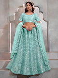 Adorable Turquoise Thread Embroidery Net Lehenga Choli With Dupatta - Zeel Clothing