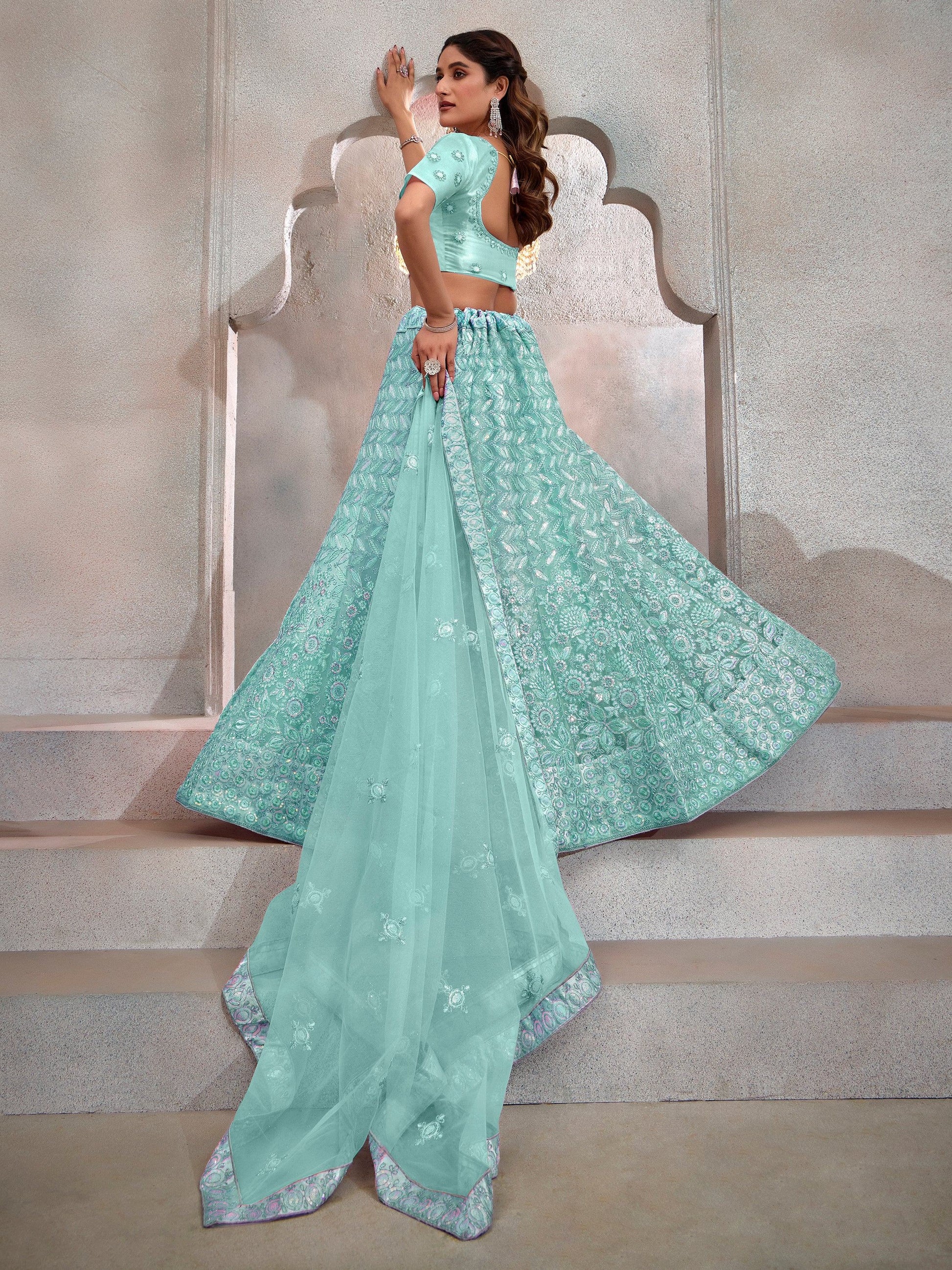 Adorable Turquoise Thread Embroidery Net Lehenga Choli With Dupatta - Zeel Clothing