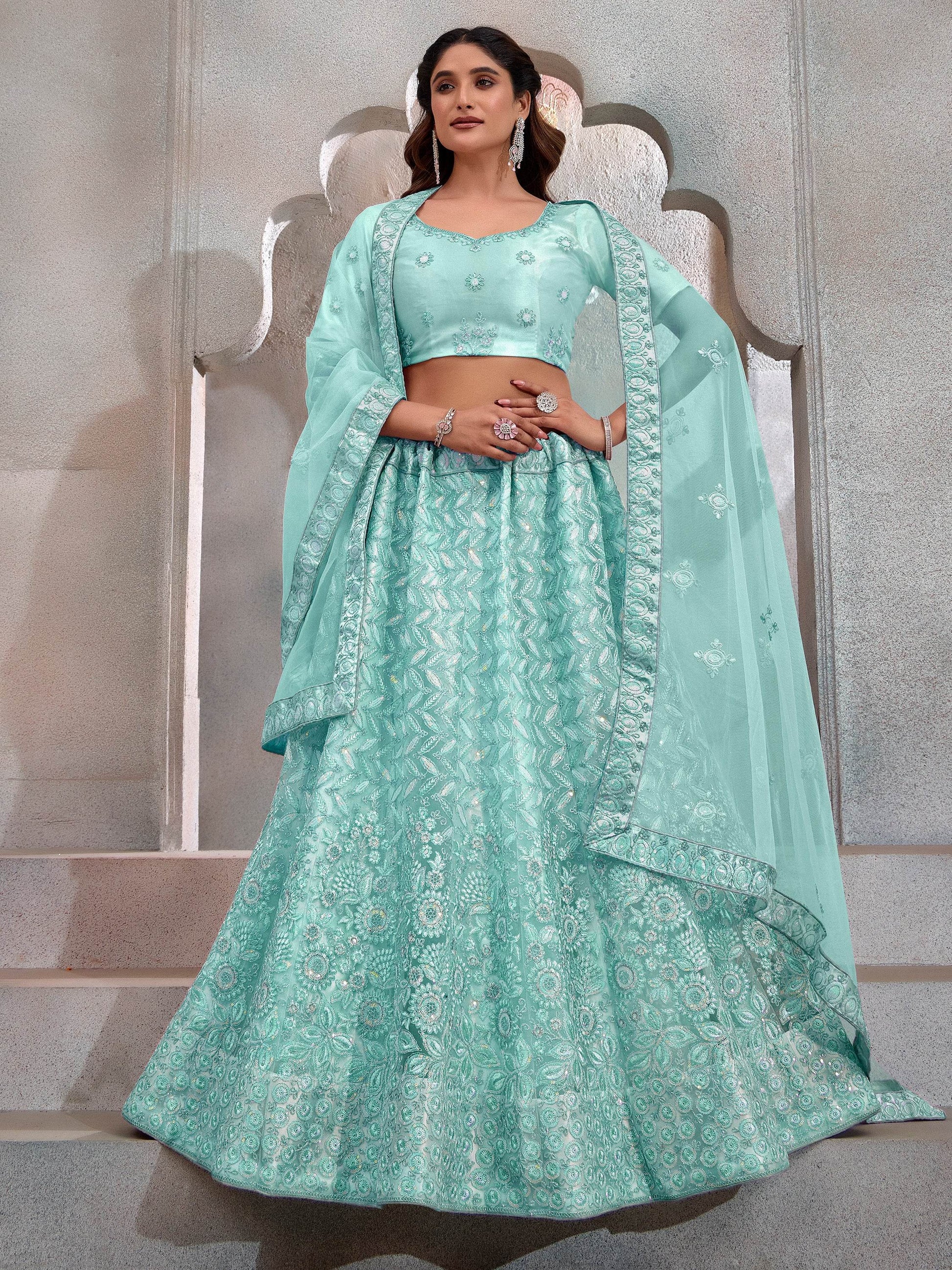 Adorable Turquoise Thread Embroidery Net Lehenga Choli With Dupatta - Zeel Clothing