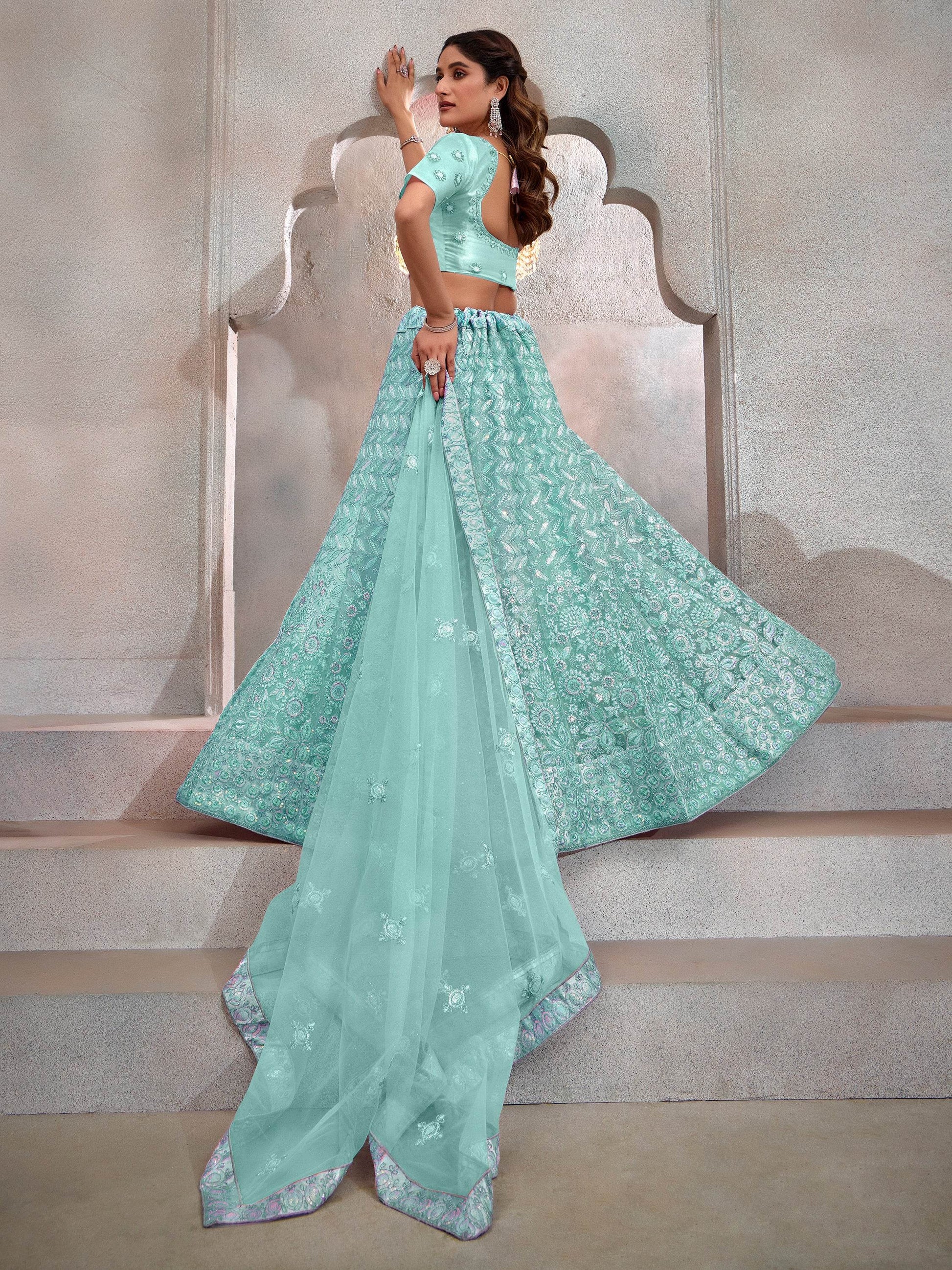 Adorable Turquoise Thread Embroidery Net Lehenga Choli With Dupatta - Zeel Clothing