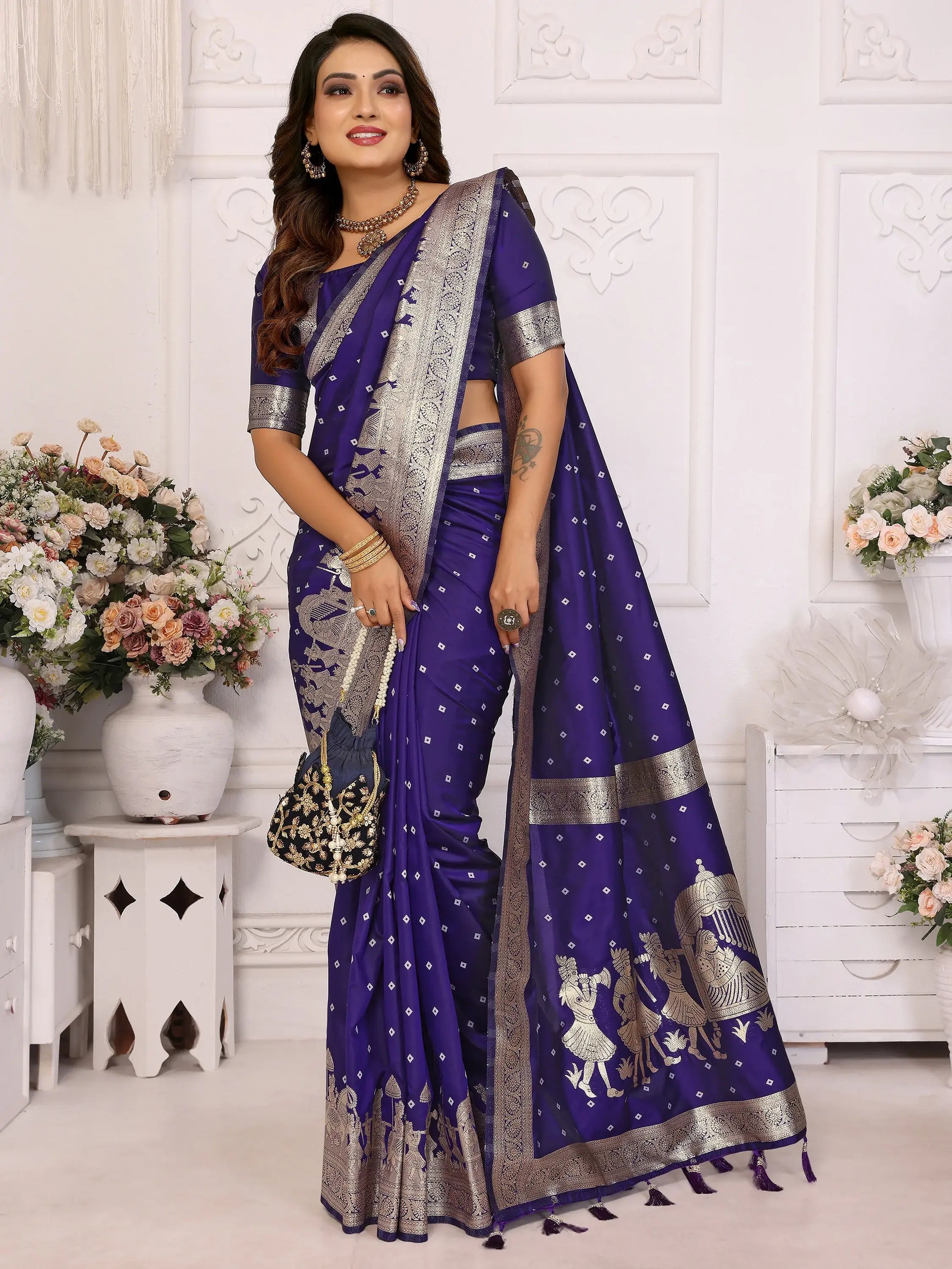 Adorable Violet Zari Weaving Kochi Silk Event Wear Saree With Blouse - Zeel Clothing