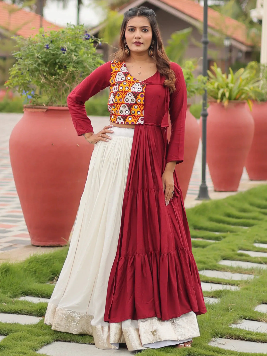 Adorable White Cotton Navratri Lehenga With Gamthi Work Jacket Style Top - Zeel Clothing