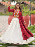 Adorable White Cotton Navratri Lehenga With Gamthi Work Jacket Style Top - Zeel Clothing