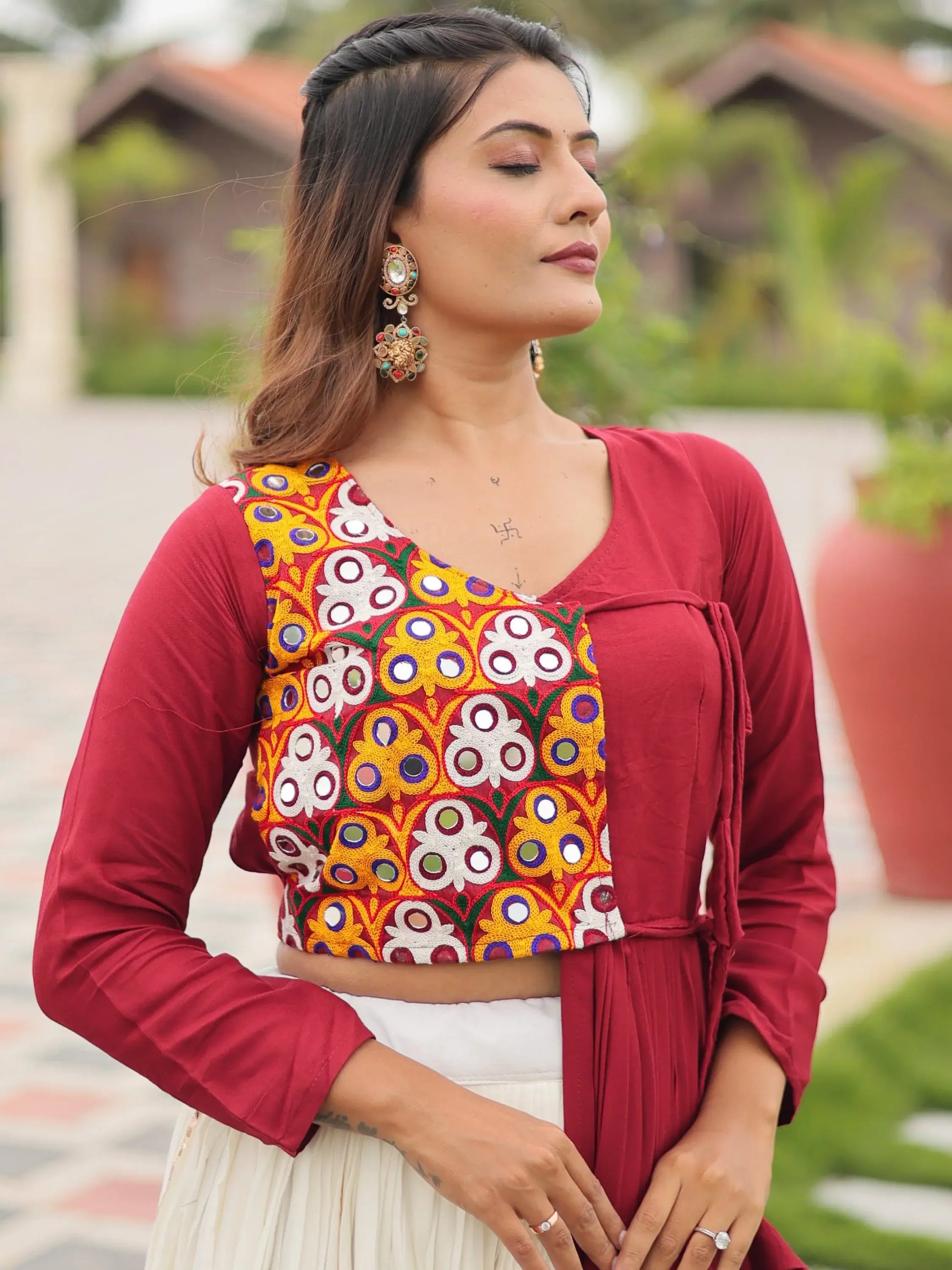 Adorable White Cotton Navratri Lehenga With Gamthi Work Jacket Style Top - Zeel Clothing