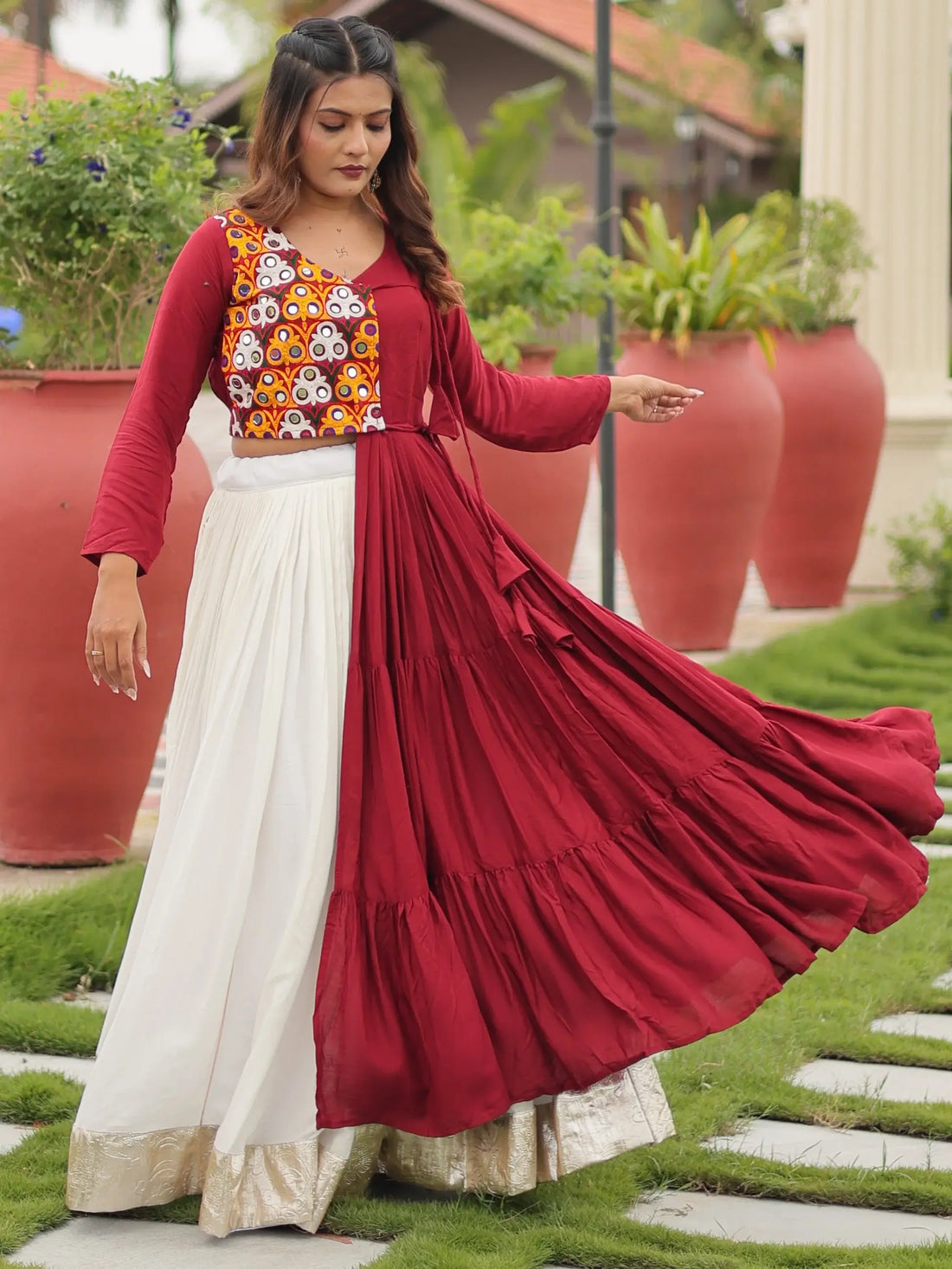 Adorable White Cotton Navratri Lehenga With Gamthi Work Jacket Style Top - Zeel Clothing