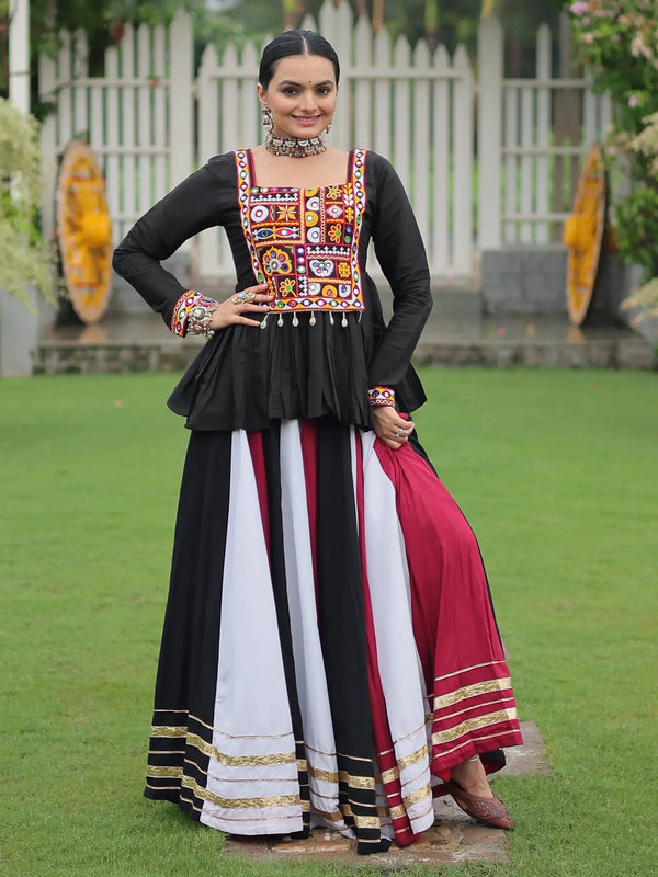 Adorable White Gota Patti Lace Rayon Navratri Wear Lehenga With Peplum Top - Zeel Clothing