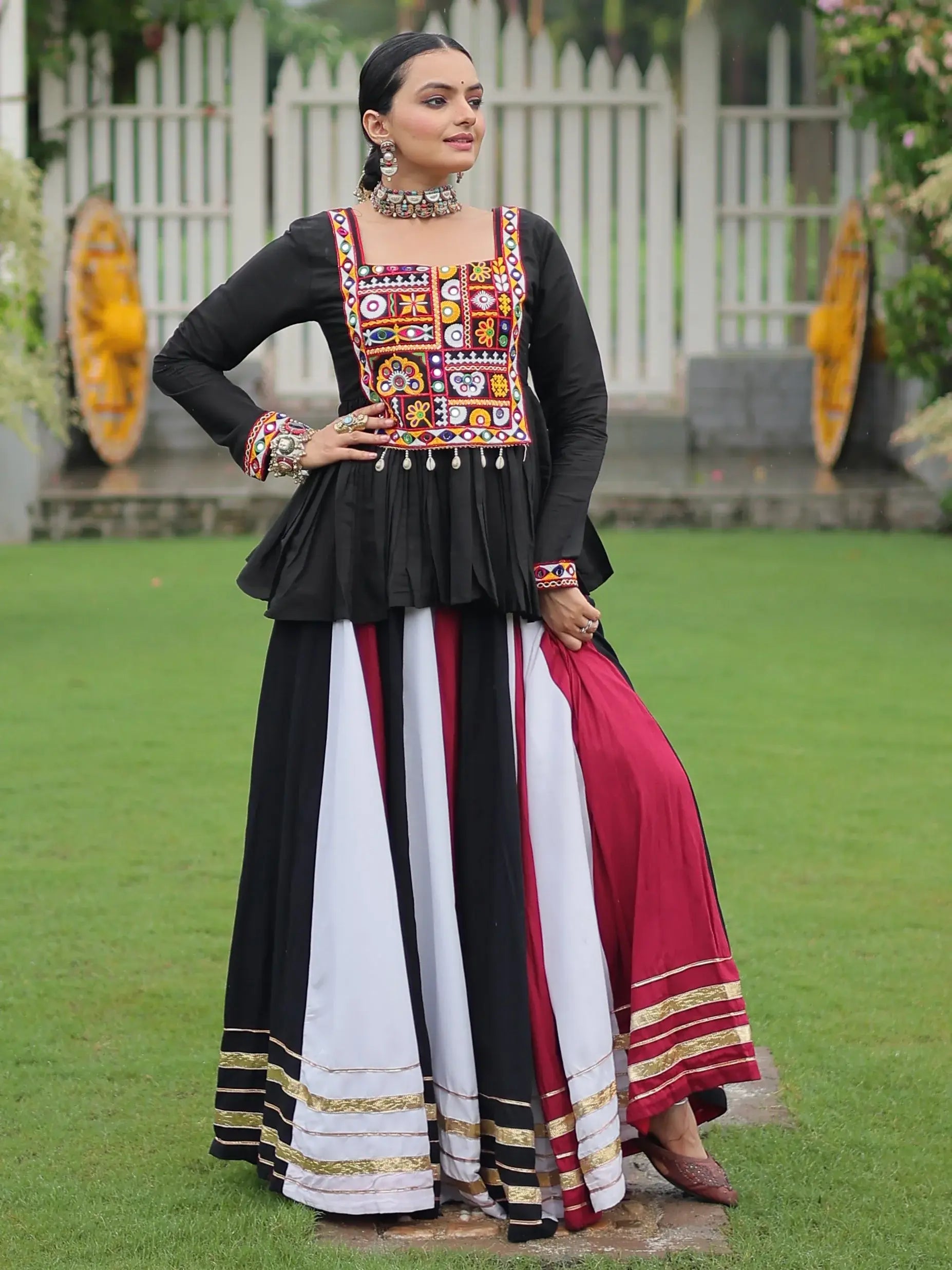 Adorable White Gota Patti Lace Rayon Navratri Wear Lehenga With Peplum Top - Zeel Clothing
