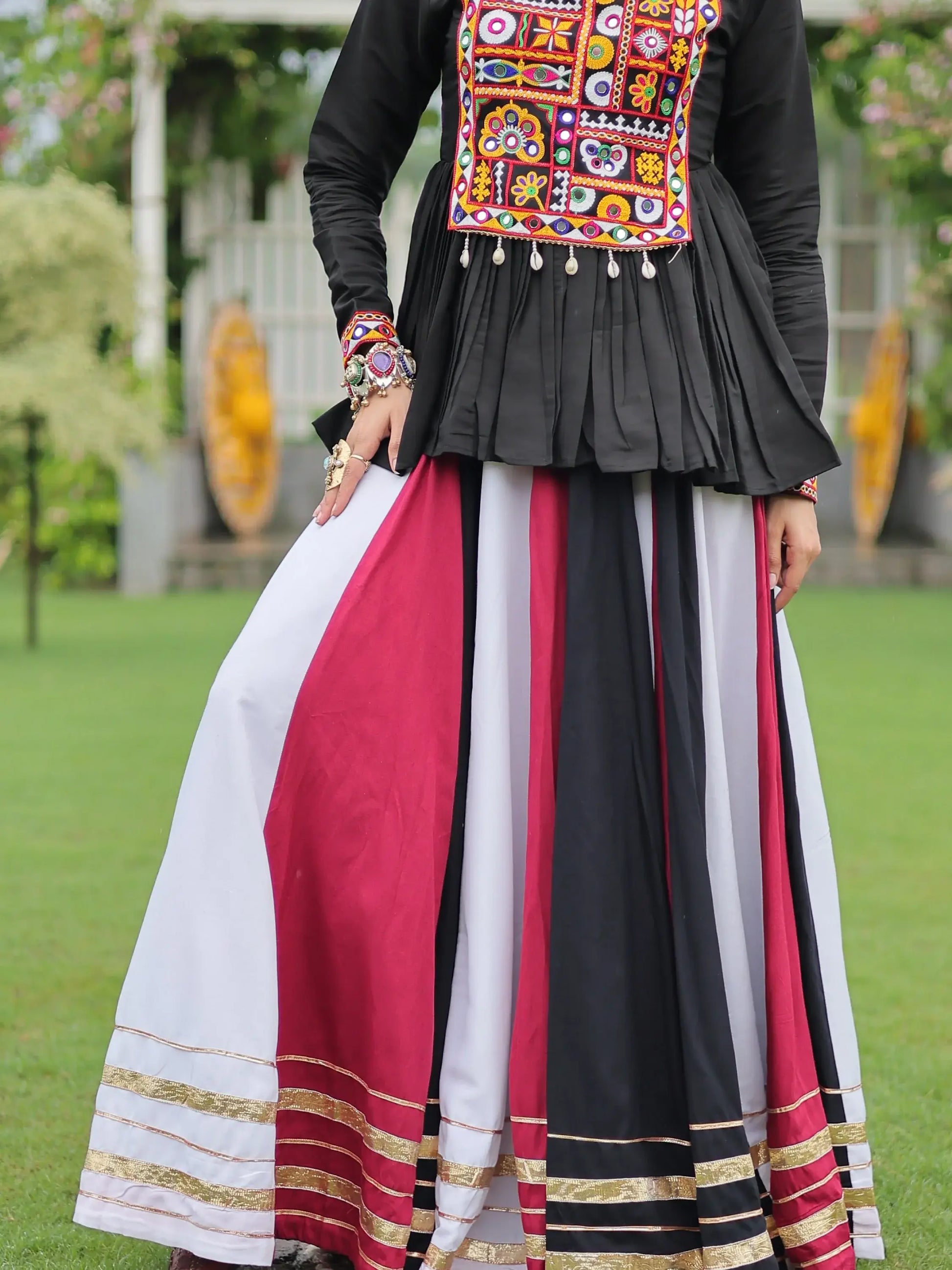 Adorable White Gota Patti Lace Rayon Navratri Wear Lehenga With Peplum Top - Zeel Clothing