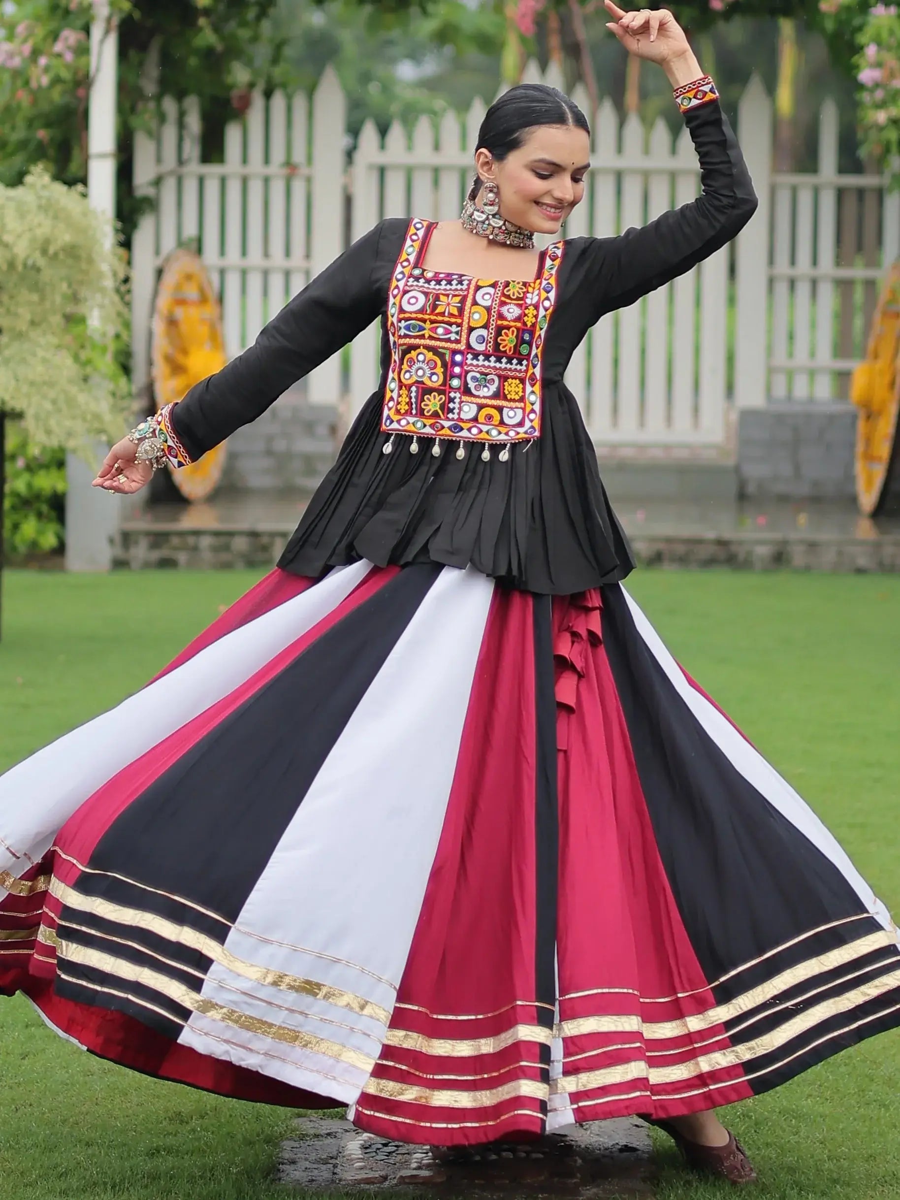 Adorable White Gota Patti Lace Rayon Navratri Wear Lehenga With Peplum Top - Zeel Clothing