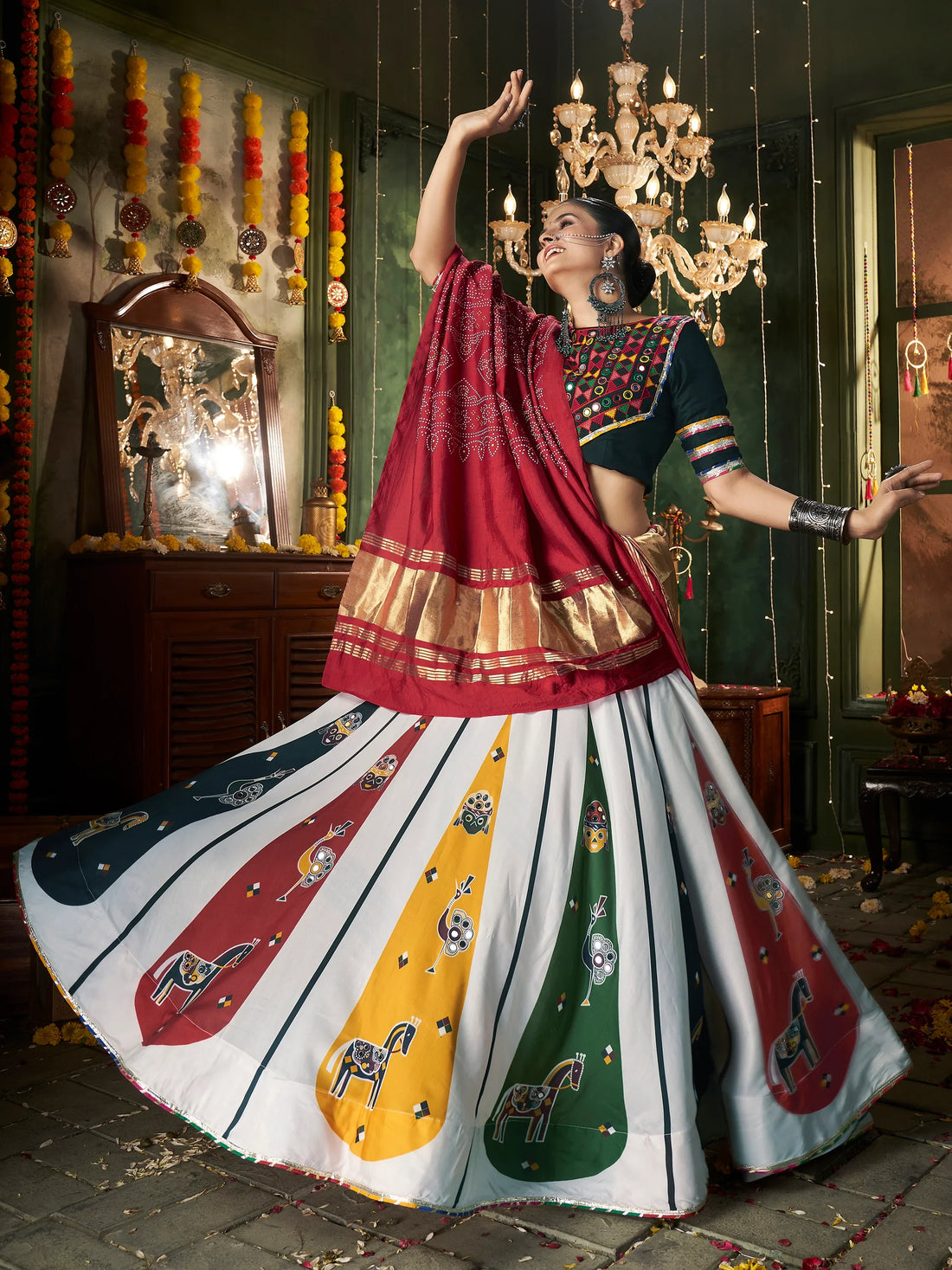 Adorable White Mirror Work Navratri Lehenga Choli With Gaji Silk Dupatta