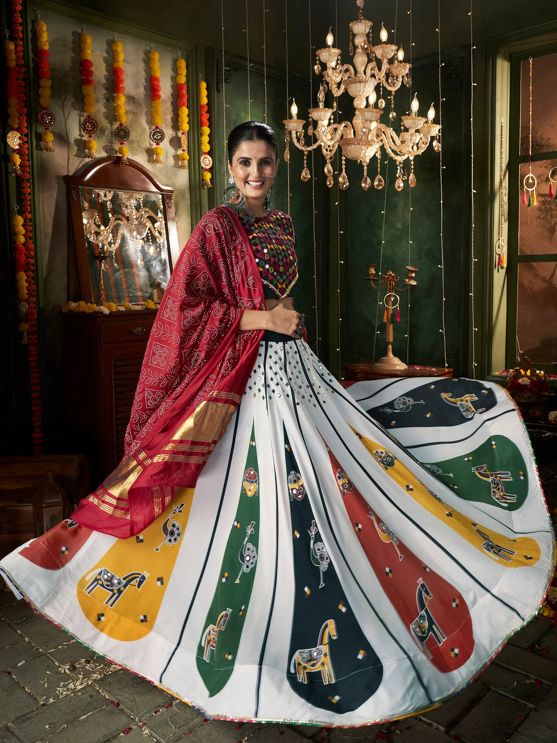 Adorable White Mirror Work Navratri Lehenga Choli With Gaji Silk Dupatta