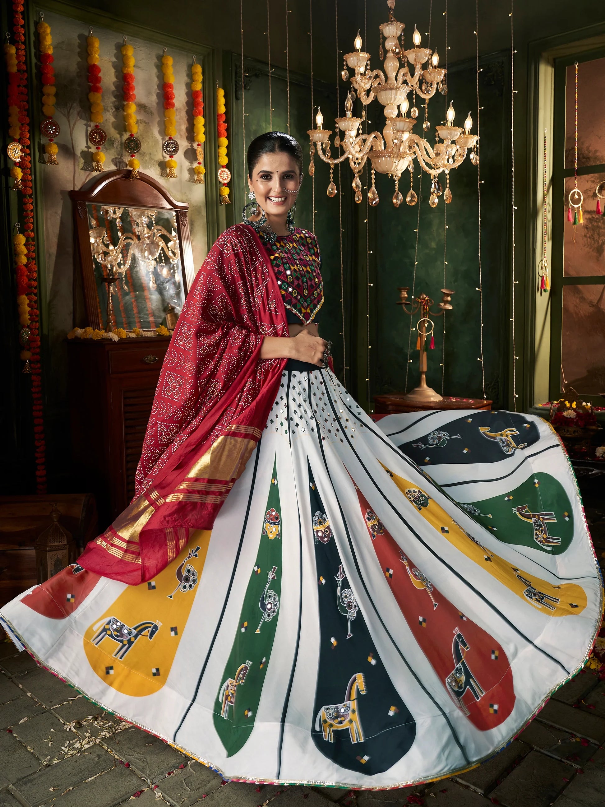 Adorable White Mirror Work Navratri Lehenga Choli With Gaji Silk Dupatta