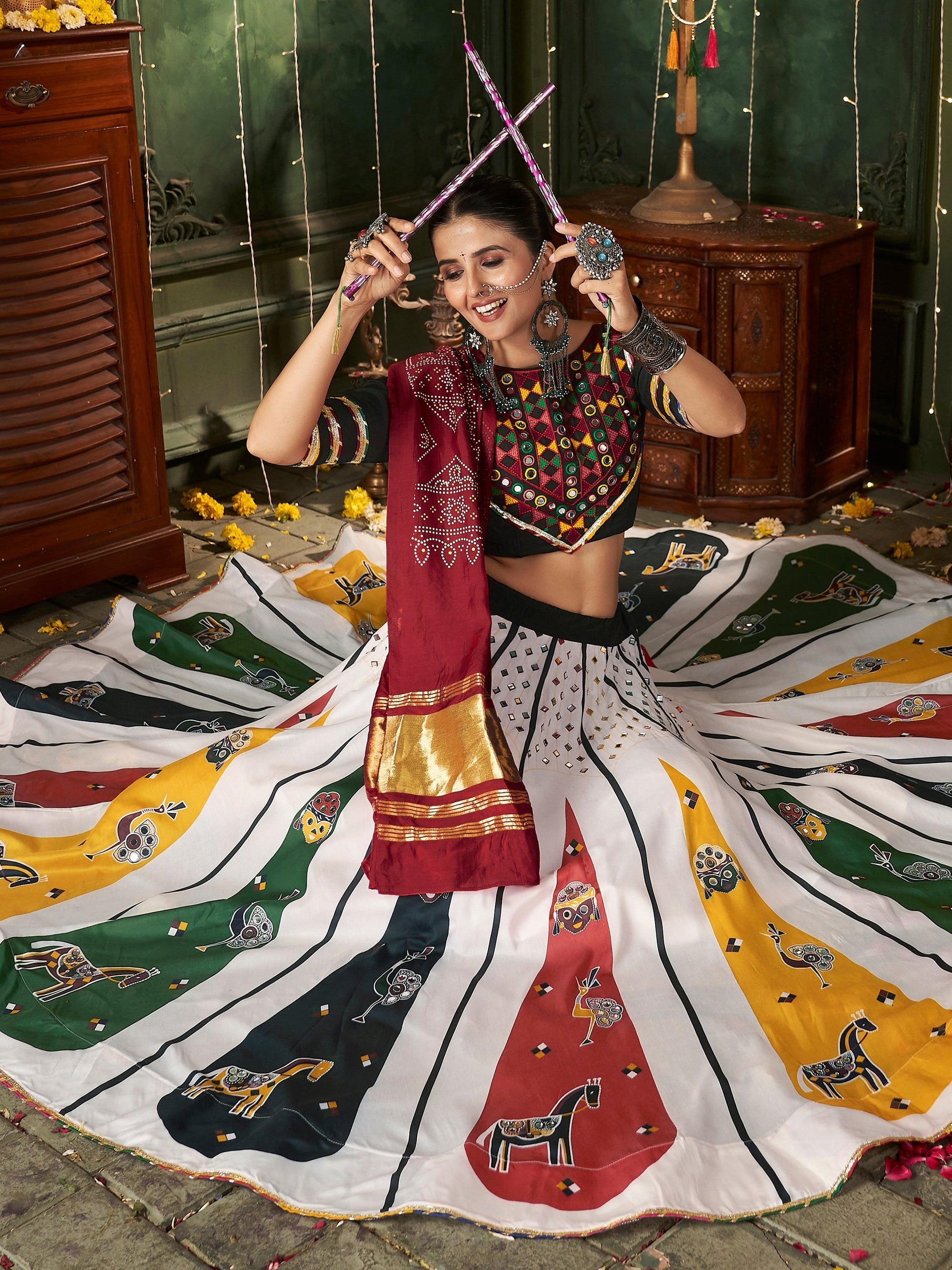 Adorable White Mirror Work Navratri Lehenga Choli With Gaji Silk Dupatta