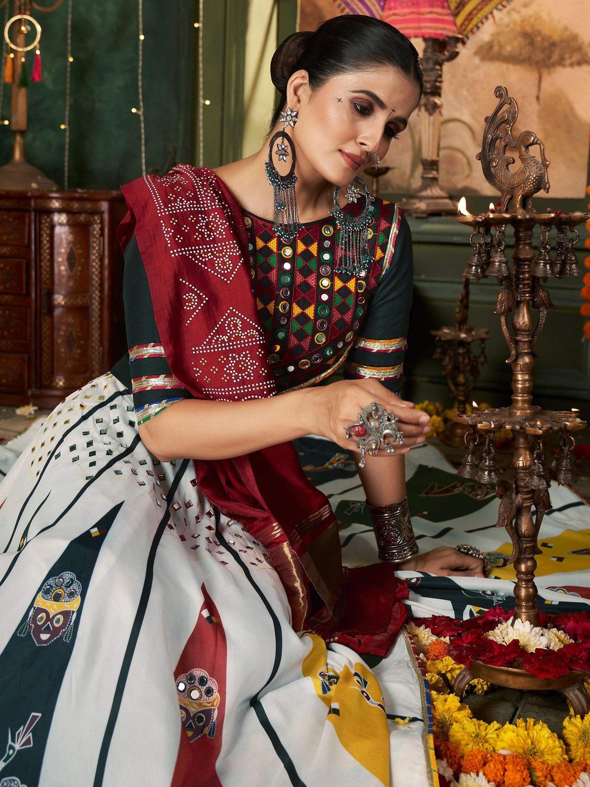 Adorable White Mirror Work Navratri Lehenga Choli With Gaji Silk Dupatta